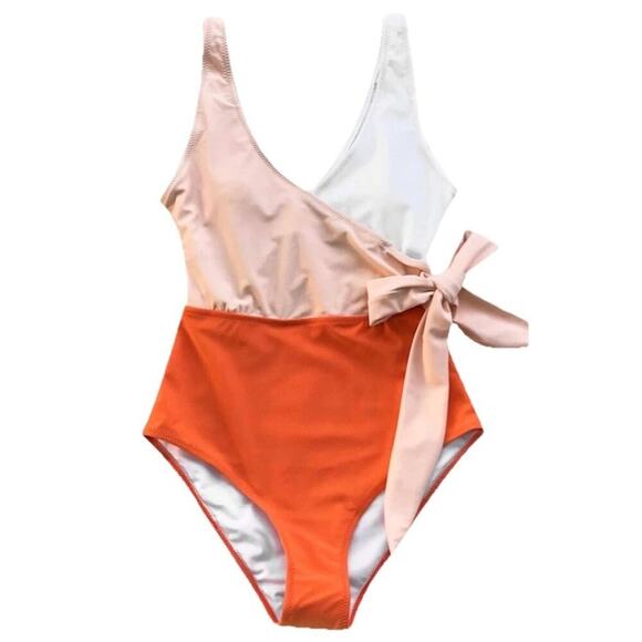 Cupshe Women One Piece Swimsuit Large Color Block V-Neck Wrap Front Tie Cheeky - Picture 3 of 9